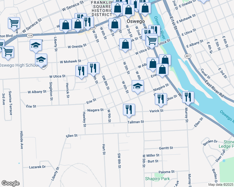 map of restaurants, bars, coffee shops, grocery stores, and more near 272 West 7th Street in Oswego