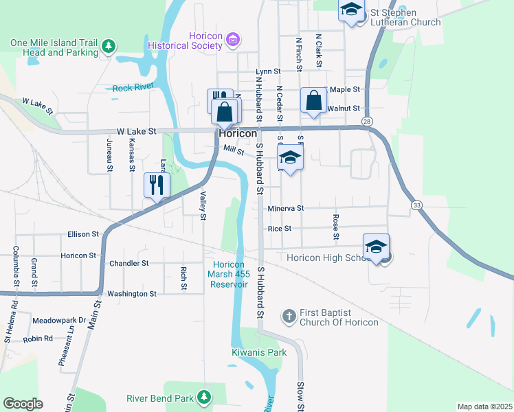 map of restaurants, bars, coffee shops, grocery stores, and more near 412 South Hubbard Street in Horicon
