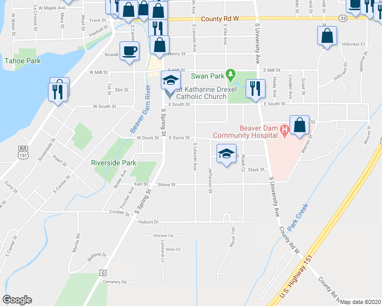 map of restaurants, bars, coffee shops, grocery stores, and more near 804 South Lincoln Avenue in Beaver Dam