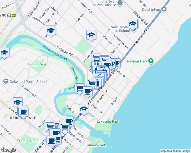map of restaurants, bars, coffee shops, grocery stores, and more near 140 Trafalgar Road in Oakville