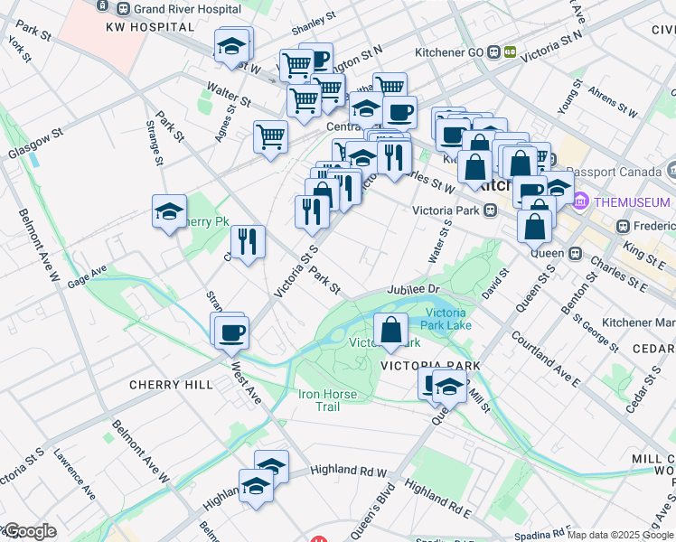 map of restaurants, bars, coffee shops, grocery stores, and more near 31 Theresa Street in Kitchener