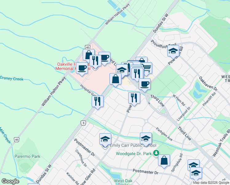 map of restaurants, bars, coffee shops, grocery stores, and more near 2325 Stone Glen Crescent in Oakville