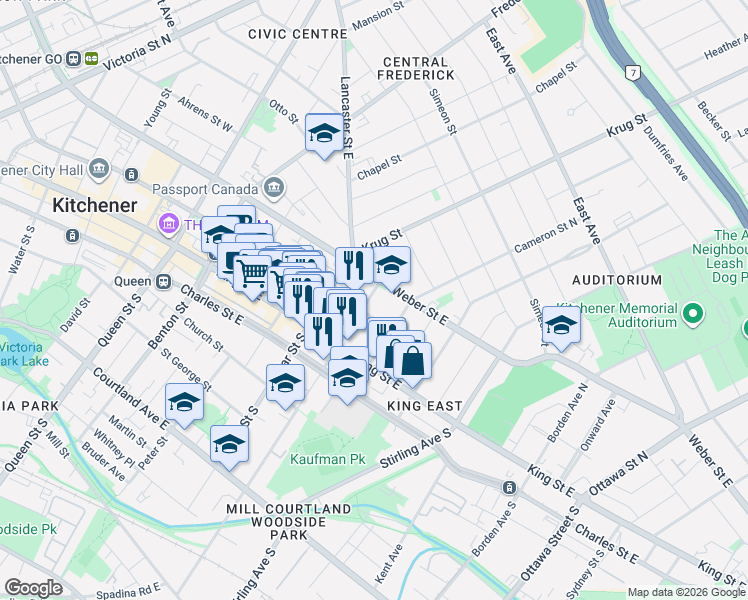 map of restaurants, bars, coffee shops, grocery stores, and more near 49 Madison Avenue North in Kitchener