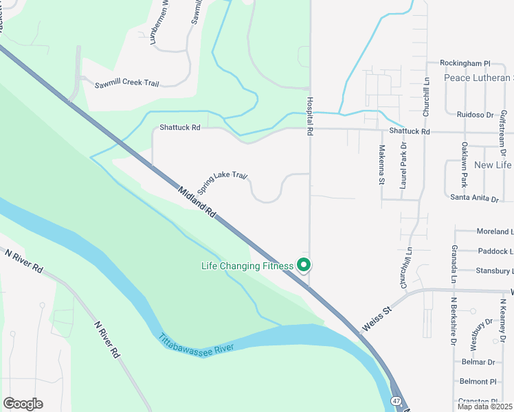 map of restaurants, bars, coffee shops, grocery stores, and more near 7165 Spring Lake Trail in Saginaw