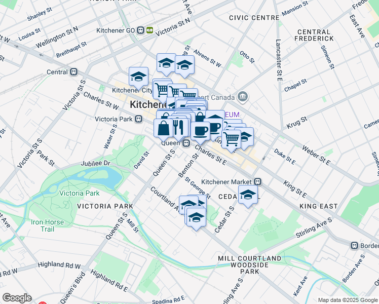 map of restaurants, bars, coffee shops, grocery stores, and more near 54 Benton Street in Kitchener