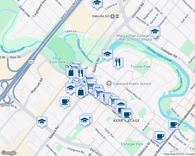 map of restaurants, bars, coffee shops, grocery stores, and more near 30 Speers Road in Oakville