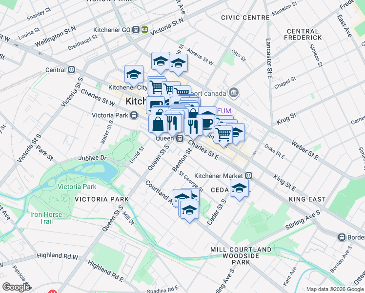 map of restaurants, bars, coffee shops, grocery stores, and more near 54 Benton Street in Kitchener