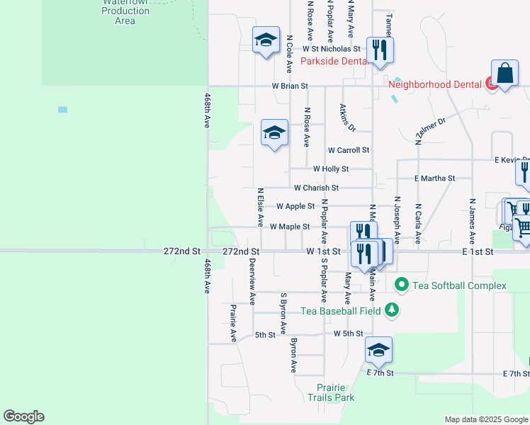 map of restaurants, bars, coffee shops, grocery stores, and more near 120-198 Elsie Avenue in Tea
