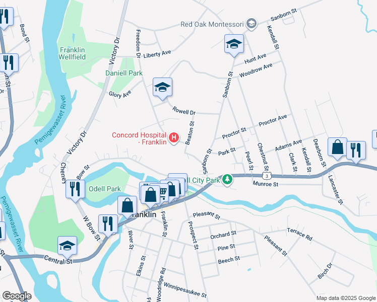 map of restaurants, bars, coffee shops, grocery stores, and more near 15 Aiken Avenue in Franklin