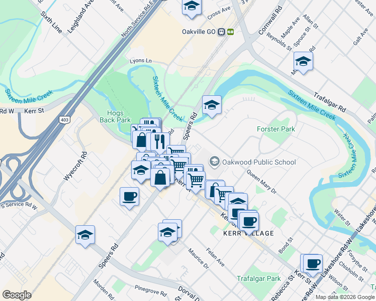 map of restaurants, bars, coffee shops, grocery stores, and more near 30 Speers Road in Oakville