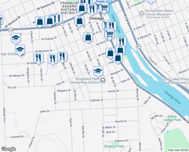 map of restaurants, bars, coffee shops, grocery stores, and more near 70 Niagara Street in Oswego