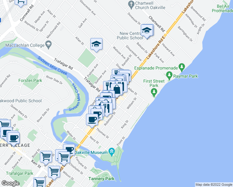 map of restaurants, bars, coffee shops, grocery stores, and more near 315 Lakeshore Road East in Oakville