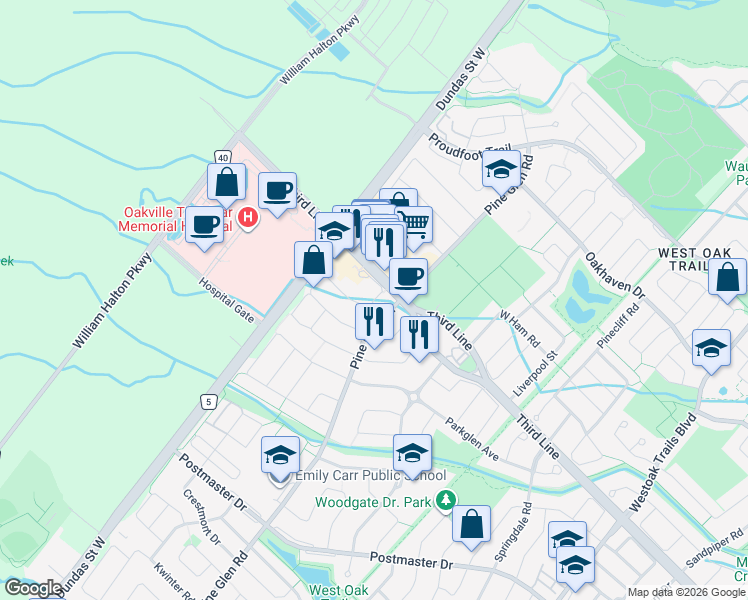map of restaurants, bars, coffee shops, grocery stores, and more near 2422 Shadow Ct in Oakville