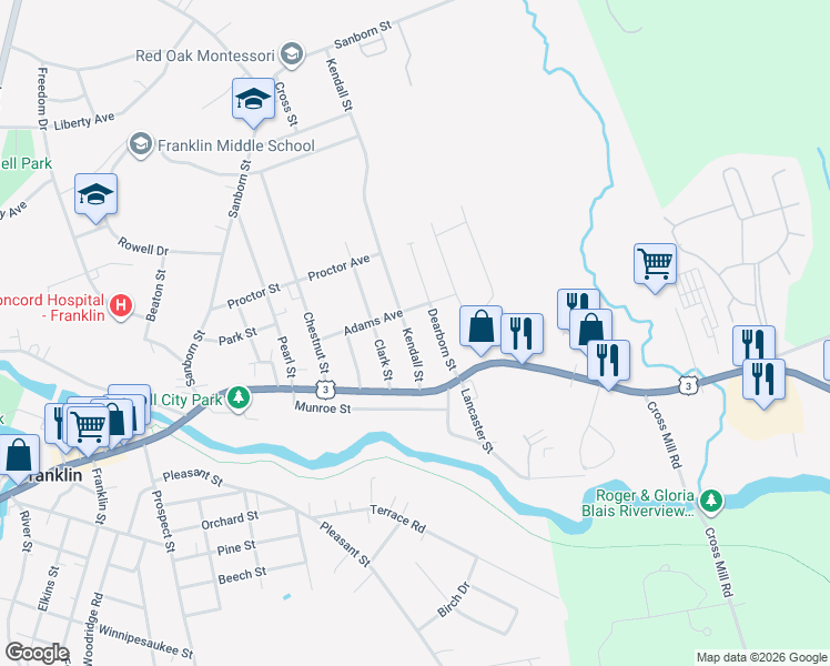 map of restaurants, bars, coffee shops, grocery stores, and more near 53 Kendall Street in Franklin