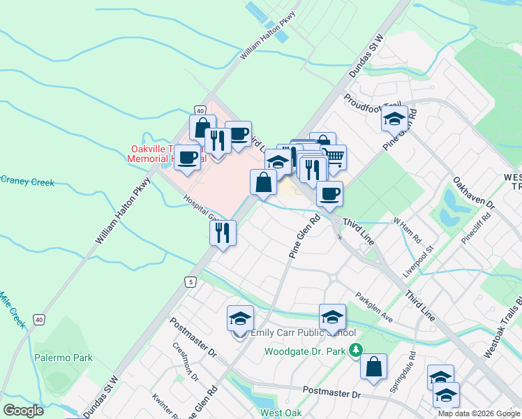 map of restaurants, bars, coffee shops, grocery stores, and more near 2319 Stone Glen Crescent in Oakville