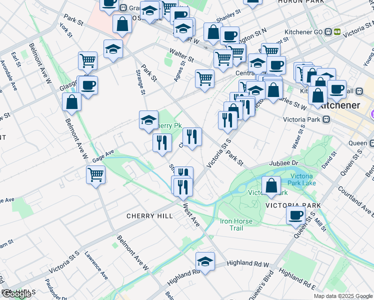 map of restaurants, bars, coffee shops, grocery stores, and more near 50 Walnut Street in Kitchener