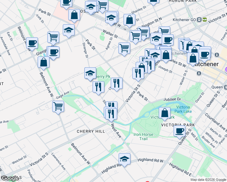 map of restaurants, bars, coffee shops, grocery stores, and more near 50 Walnut Street in Kitchener