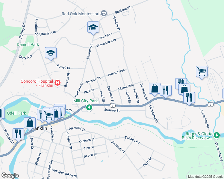 map of restaurants, bars, coffee shops, grocery stores, and more near 75 Chestnut Street in Franklin