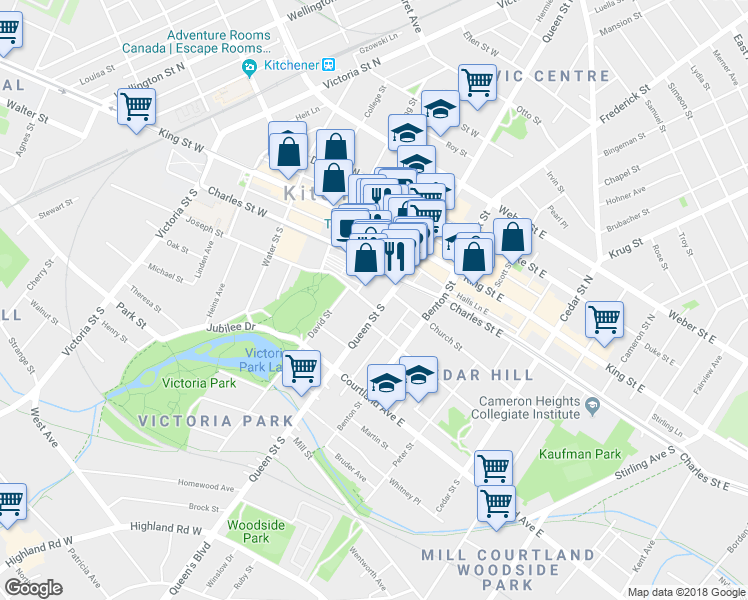 map of restaurants, bars, coffee shops, grocery stores, and more near 91 Ontario Street South in Kitchener