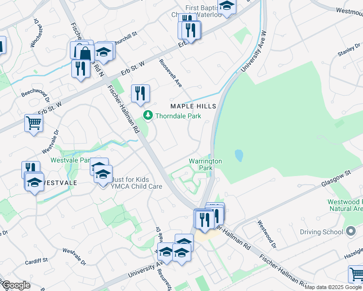 map of restaurants, bars, coffee shops, grocery stores, and more near 64 Ridgeview Crescent in Waterloo