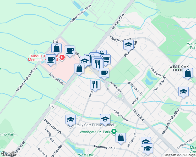map of restaurants, bars, coffee shops, grocery stores, and more near 2421 Shadow Court in Oakville