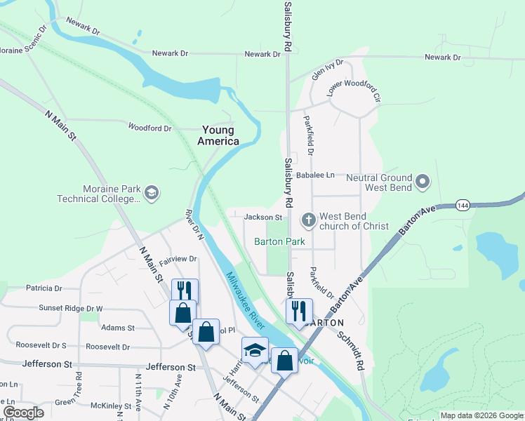 map of restaurants, bars, coffee shops, grocery stores, and more near 614 Jackson Street in West Bend