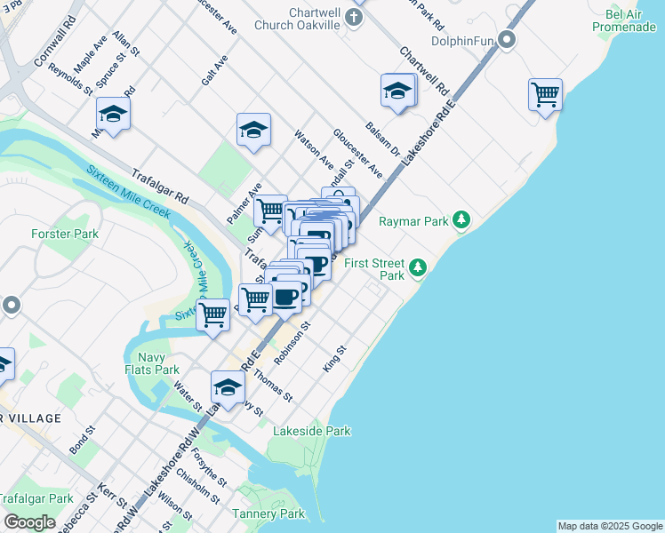 map of restaurants, bars, coffee shops, grocery stores, and more near 345 Lakeshore Road East in Oakville