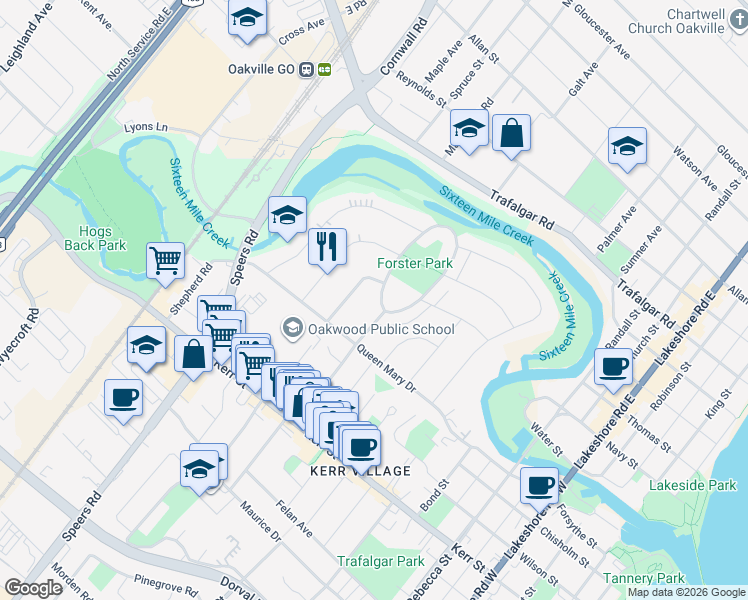 map of restaurants, bars, coffee shops, grocery stores, and more near 41 North Forster Park Drive in Oakville