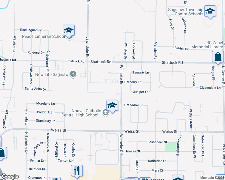 map of restaurants, bars, coffee shops, grocery stores, and more near 2825 Wieneke Road in Saginaw