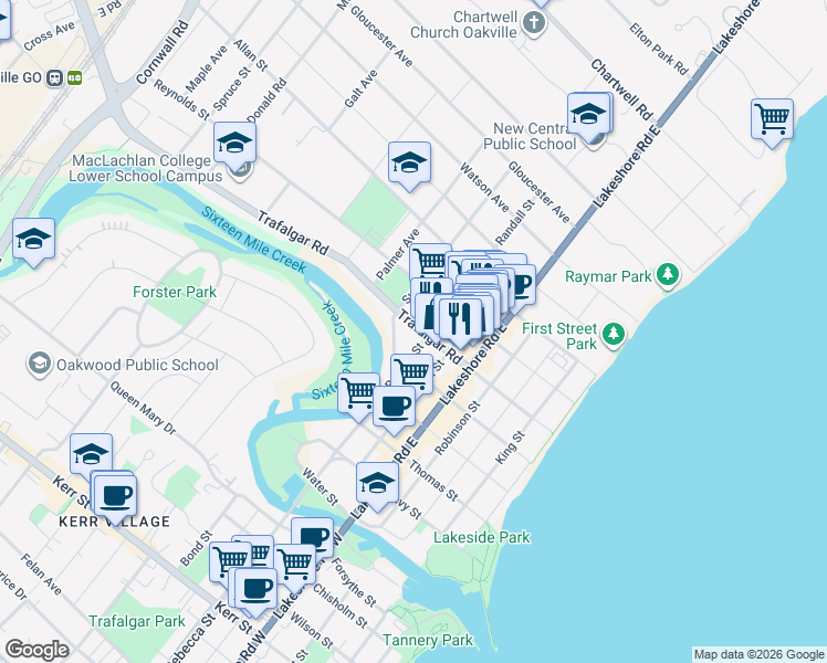 map of restaurants, bars, coffee shops, grocery stores, and more near 156 Trafalgar Road in Oakville