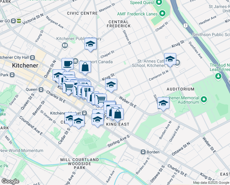 map of restaurants, bars, coffee shops, grocery stores, and more near in Kitchener