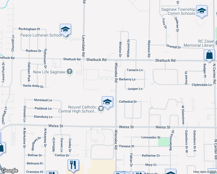 map of restaurants, bars, coffee shops, grocery stores, and more near 2825-2845 Wieneke Road in Saginaw