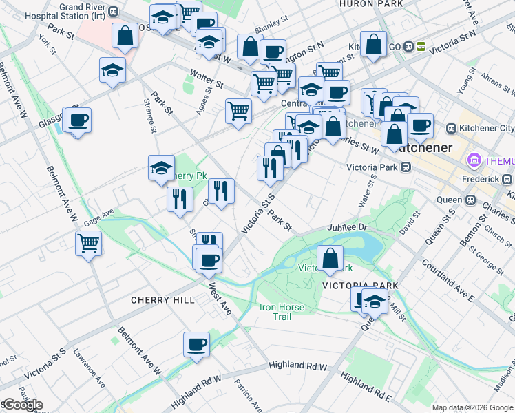 map of restaurants, bars, coffee shops, grocery stores, and more near 170 Victoria Street South in Kitchener