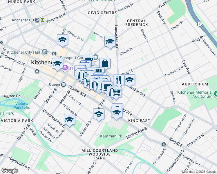 map of restaurants, bars, coffee shops, grocery stores, and more near 11 May Place in Kitchener