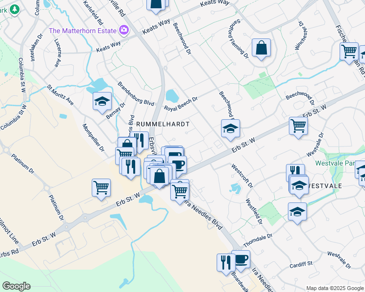 map of restaurants, bars, coffee shops, grocery stores, and more near 634 Pinerow Crescent in Waterloo