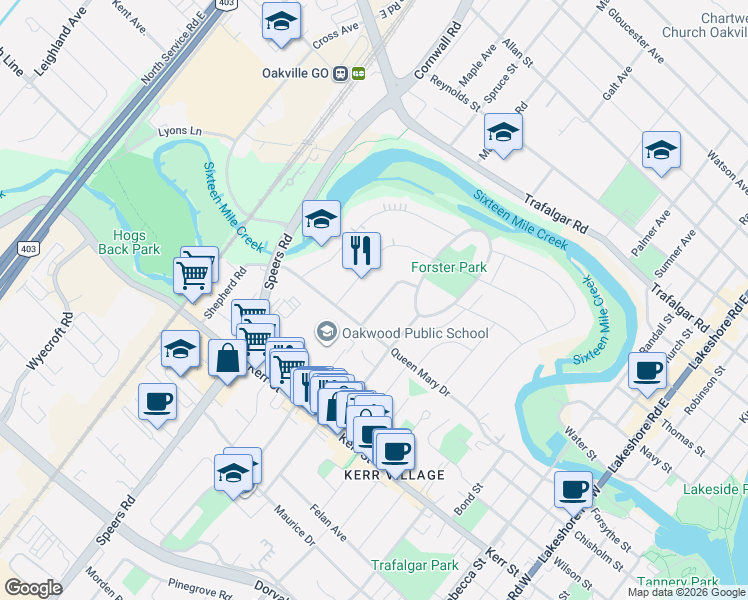 map of restaurants, bars, coffee shops, grocery stores, and more near 23 Glenmanor Drive in Oakville