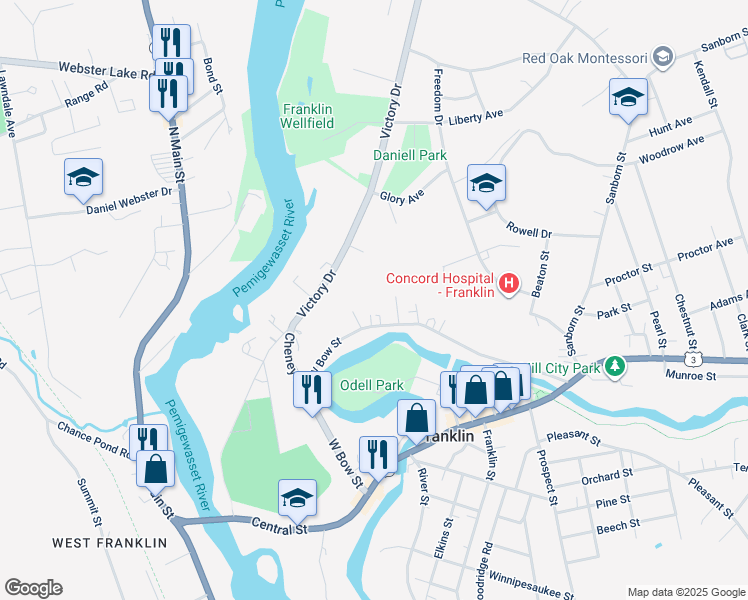 map of restaurants, bars, coffee shops, grocery stores, and more near 261 Victory Drive in Franklin