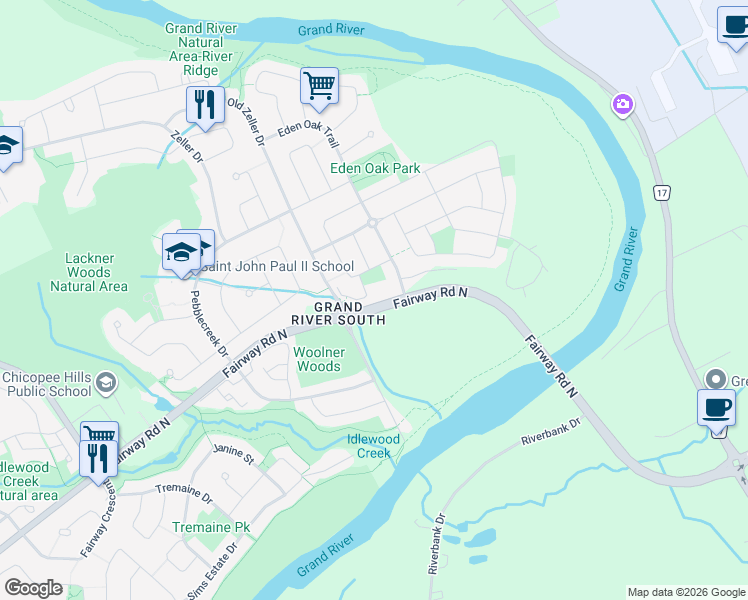 map of restaurants, bars, coffee shops, grocery stores, and more near 70 Willowrun Drive in Kitchener