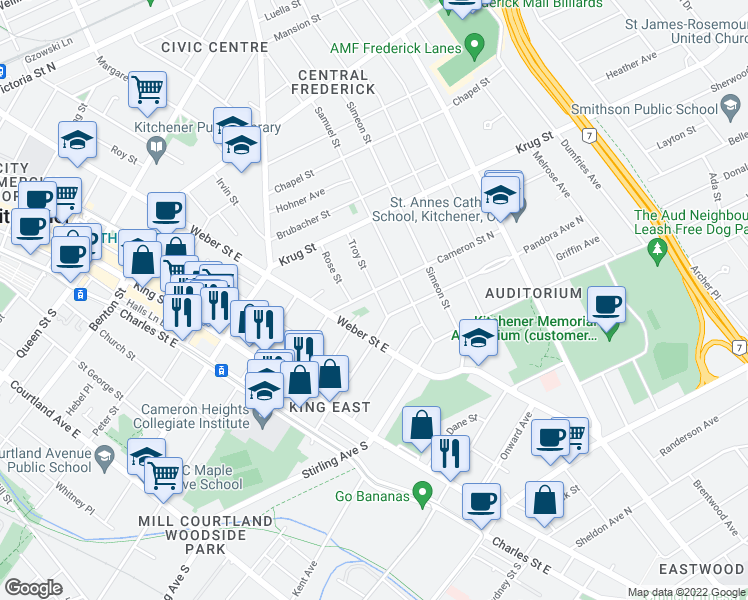 map of restaurants, bars, coffee shops, grocery stores, and more near 69 Troy Street in Kitchener
