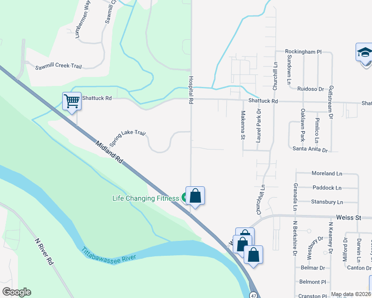 map of restaurants, bars, coffee shops, grocery stores, and more near 2803 Hospital Road in Saginaw
