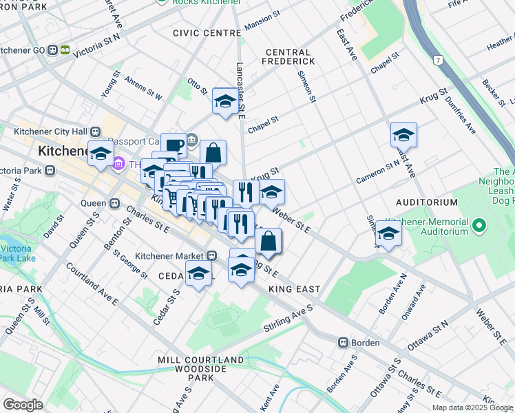 map of restaurants, bars, coffee shops, grocery stores, and more near 126 Waterloo Regional Road 8 in Kitchener
