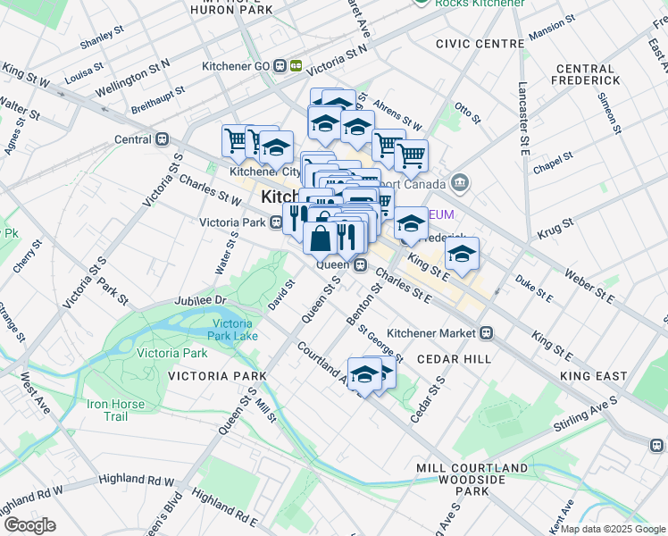 map of restaurants, bars, coffee shops, grocery stores, and more near 91 Ontario Street South in Kitchener