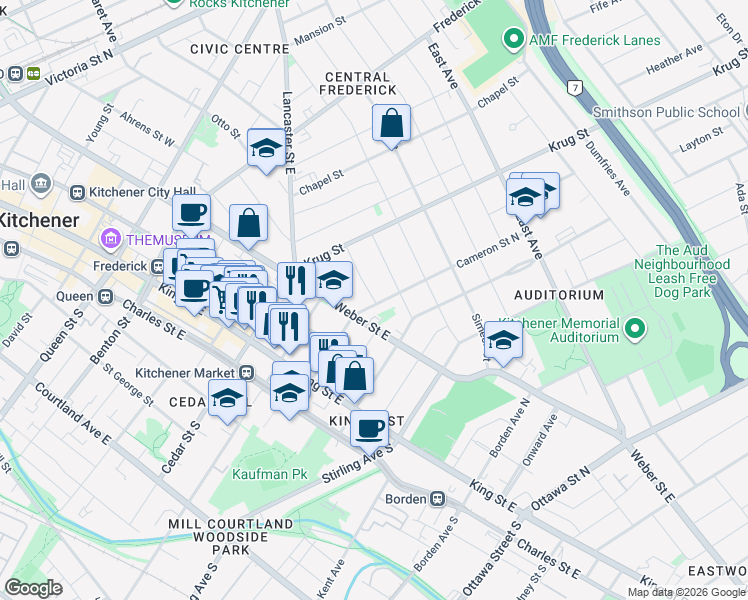 map of restaurants, bars, coffee shops, grocery stores, and more near 36 Rose Street in Kitchener