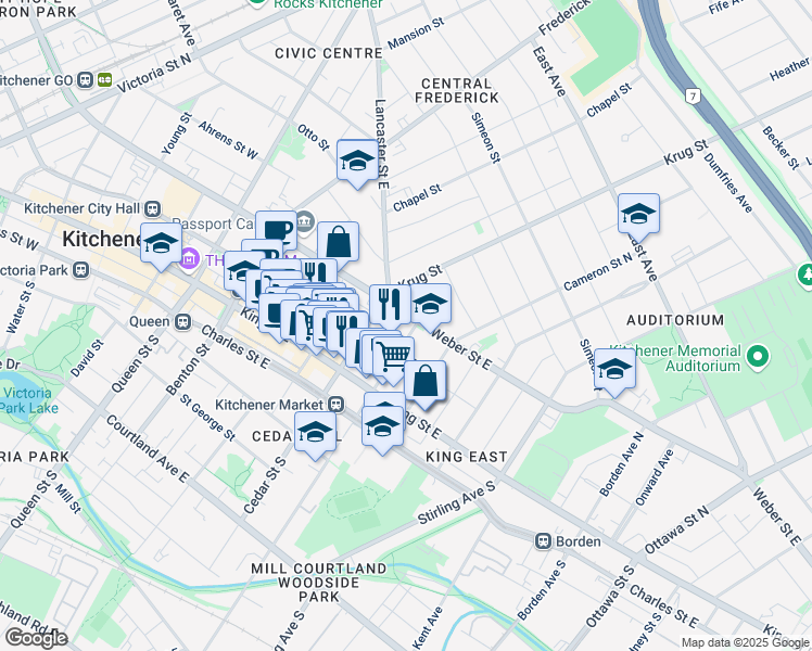 map of restaurants, bars, coffee shops, grocery stores, and more near 58 Madison Avenue North in Kitchener