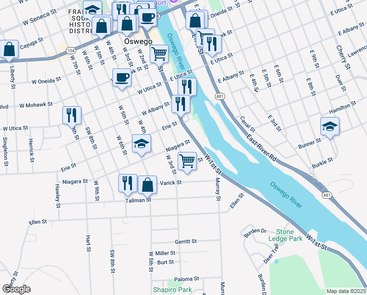map of restaurants, bars, coffee shops, grocery stores, and more near 382 West 1st Street in Oswego
