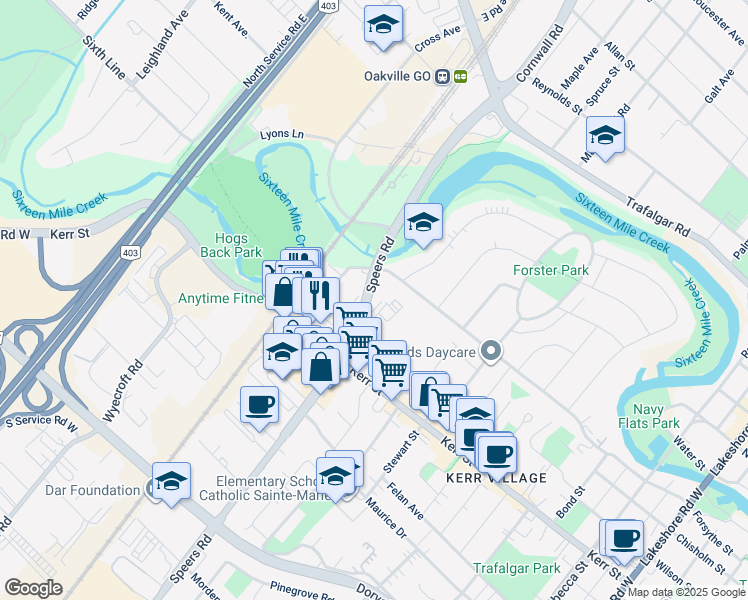 map of restaurants, bars, coffee shops, grocery stores, and more near 20 Shepherd Road in Oakville