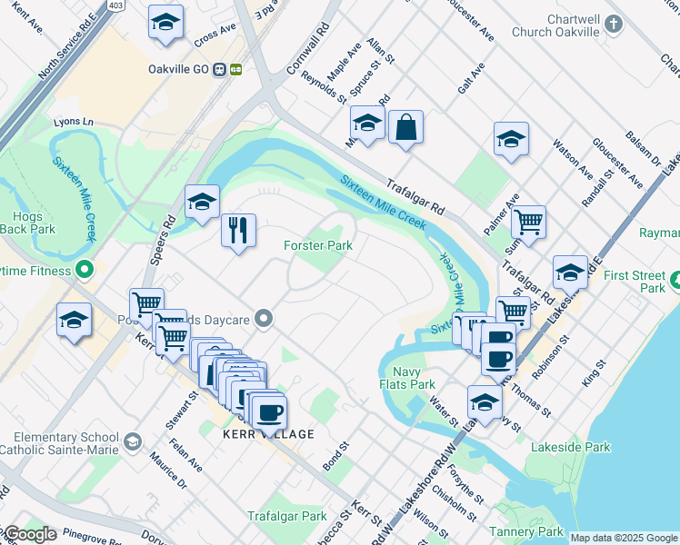 map of restaurants, bars, coffee shops, grocery stores, and more near 80 South Forster Park Drive in Oakville