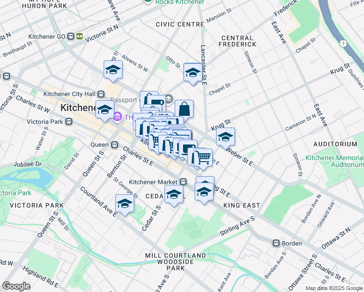 map of restaurants, bars, coffee shops, grocery stores, and more near 165 Duke Street East in Kitchener