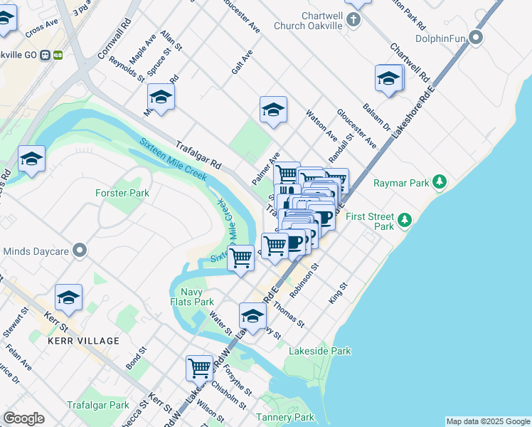map of restaurants, bars, coffee shops, grocery stores, and more near 164 Trafalgar Road in Oakville