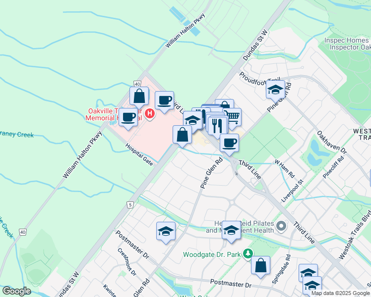 map of restaurants, bars, coffee shops, grocery stores, and more near 2308 Stone Glen Crescent in Oakville